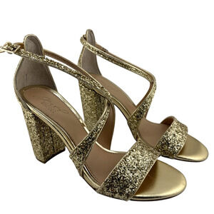 JEWEL BADGLEY MISCHKA‎ Block Heel Glitter Sandal Gold Size 7.5 Beautiful EUC